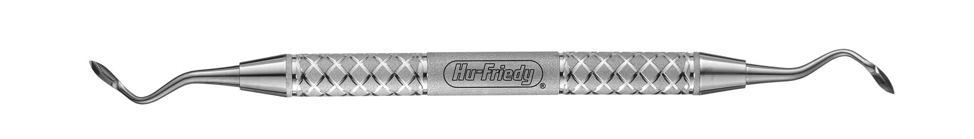 The Hu-Friedy 1/2 Orban Double-Ended Knife is stainless steel, features textured grip handles, and has curved knife tips at each end with the Hu-Friedy brand engraved on the handle.