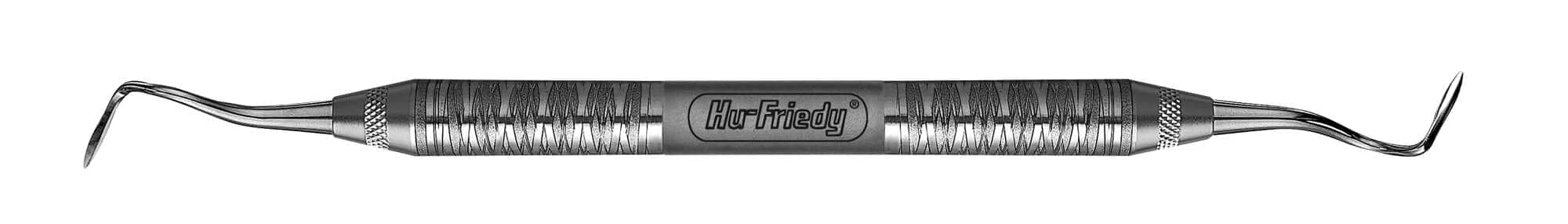 The Hu-Friedy Modified Allen Orban Knife 1/2 Round is a stainless steel dental tool with a textured grip and two curved, pointed ends, designed for cleaning teeth and examining gums.