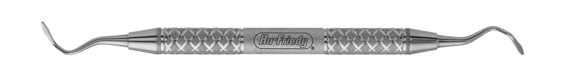 The Hu-Friedy Mod Allen Orban Knife 1/2 Round EveRedge is a metal dental tool with a textured grip and curved tips at both ends, designed for cleaning teeth or examining the mouth.