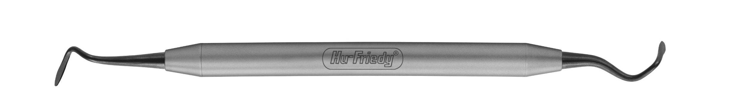 The Hu-Friedy Allen Modified 1/2 Orban Knife by Hu-Friedy is a double-ended stainless steel dental tool with curved tips and a cylindrical handle, used for dental cleaning, exams, or interproximal tissue excision.