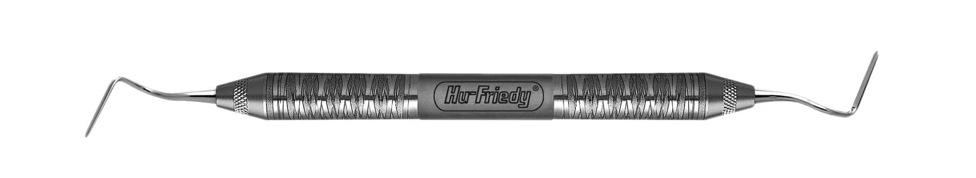 The Hu-Friedy Allen End-Cutting Intrasulcular Knife by Hu-Friedy is a double-ended metal dental tool with textured grip and angled tips, designed for soft-tissue removal during dental procedures.