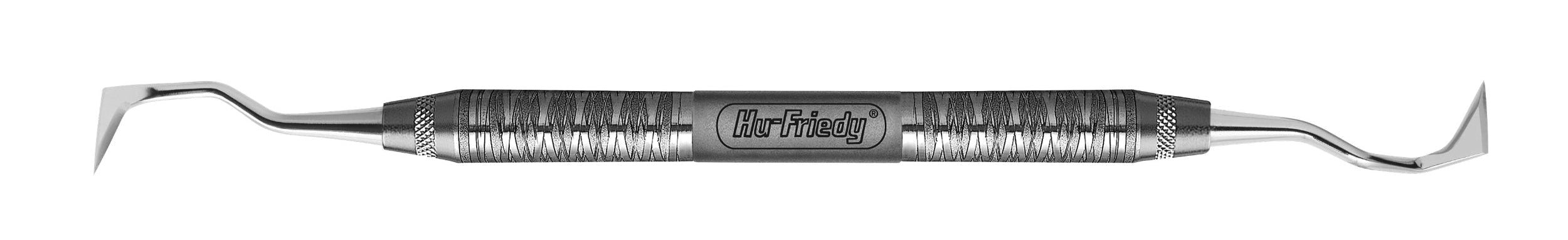 The Hu-Friedy USC DE Knife (T19/T20) is a double-ended dental tool with angled, pointed metal tips and a textured grip handle, marked Hu-Friedy at the center.