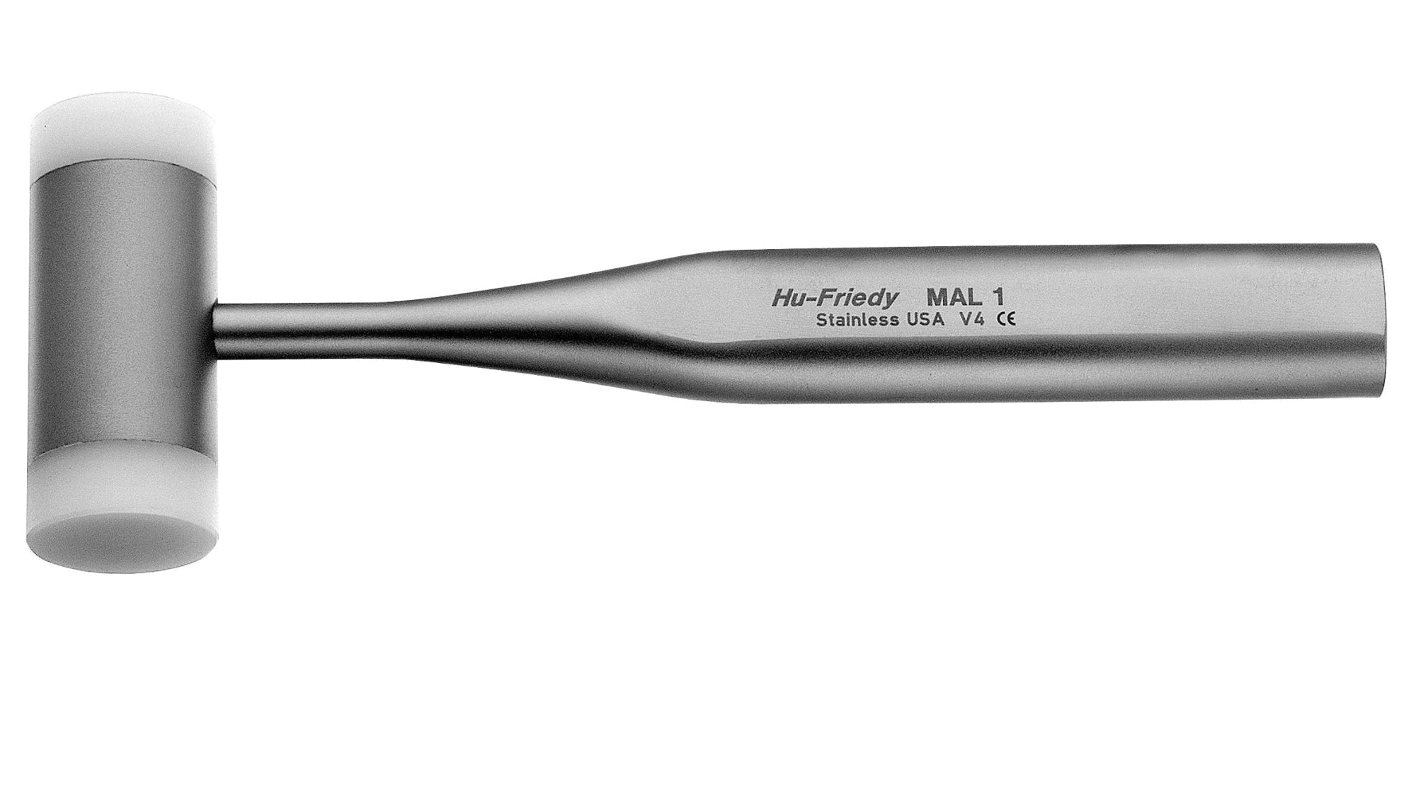 The #1 Mead Immunity Mallet by Hu-Friedy is a stainless steel surgical mallet with cylindrical white plastic ends and “Hu-Friedy MAL 1 Stainless USA” printed on its handle.