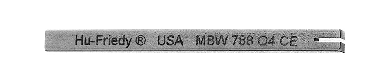 A Hu-Friedy WRENCH - STAINLESS BLADE dental instrument with "Hu-Friedy® USA MBW 778G 04/CE" engraved on its stainless blade, shown against a white background.