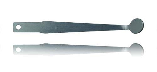 The Surgistar Malleable Micro Mirrors by Surgistar feature a stainless steel design with a flat handle and round, flat end, ideal for surgical visualization or laboratory use in measuring or transferring small amounts of powders or chemicals.