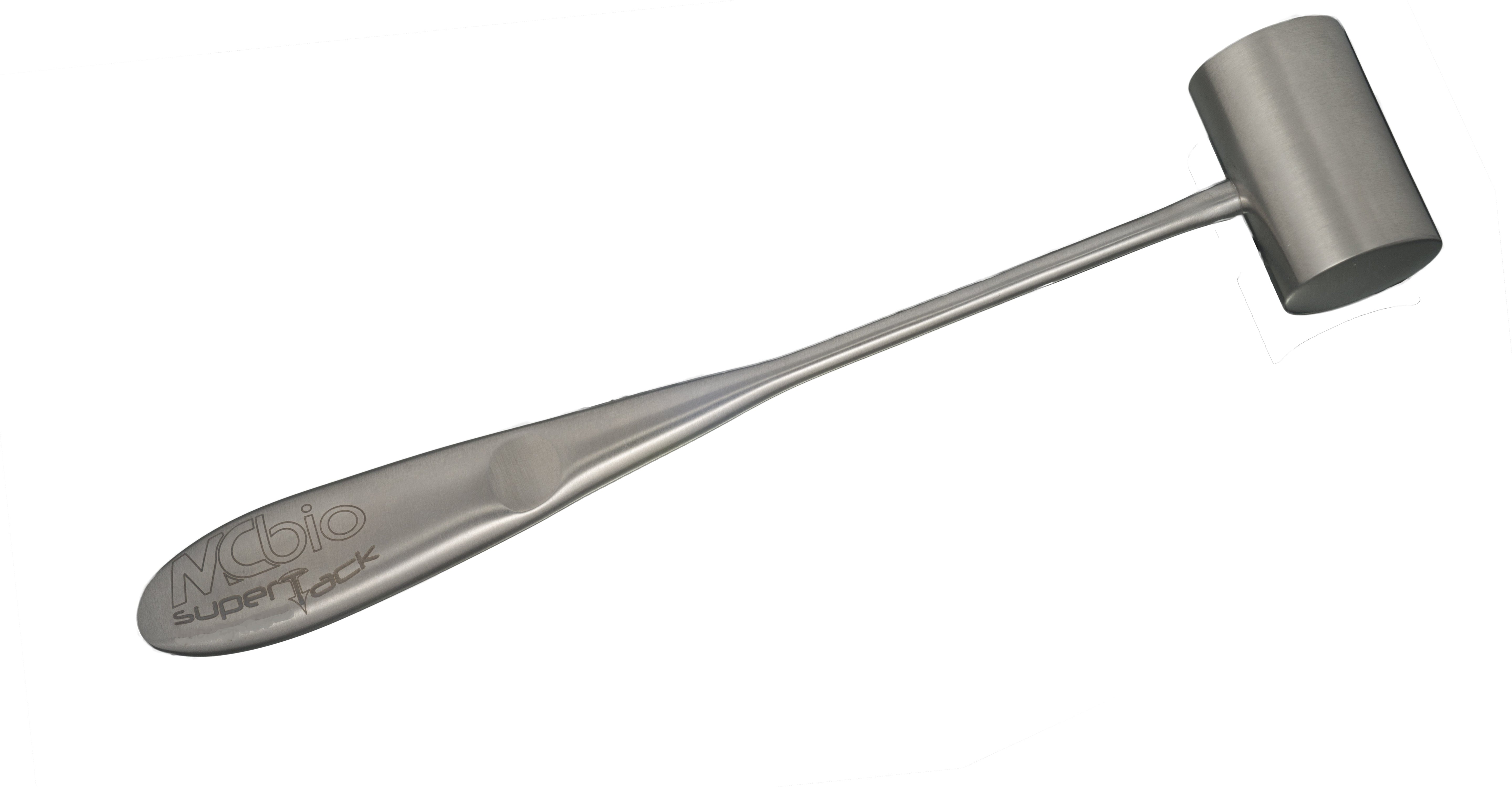 The SuperTack Mallet – Stainless Steel Mallet by McBio features a cylindrical head and an engraved handle, making it ideal for precise tapping during GBR procedures.