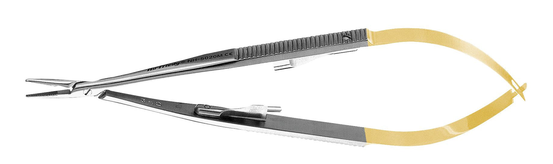 The Hu-Friedy Perma Sharp Castroviejo Needle Holders by Hu-Friedy feature curved, gold-colored handles and textured grips, offering precision for medical procedures.