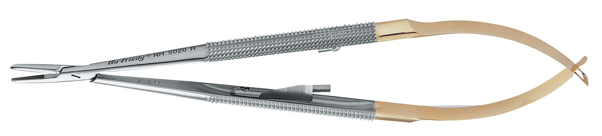 The Hu-Friedy Perma Sharp Castroviejo Needle Holders by Hu-Friedy feature a silver-toned tungsten carbide body, textured grip, and gold-colored finger rings for secure needle control during suturing.