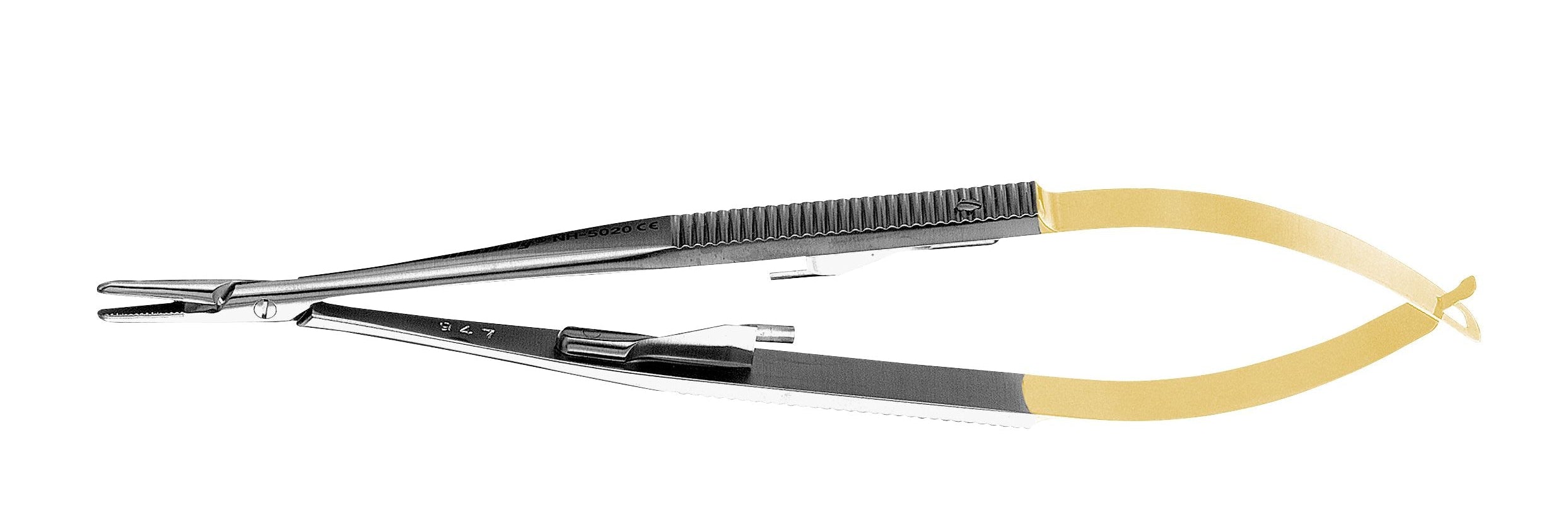 The Hu-Friedy Perma Sharp Castroviejo Needle Holders by Hu-Friedy feature a gold-colored handle, metal jaws with durable tungsten carbide inserts, and a spring-loaded mechanism for precise control.