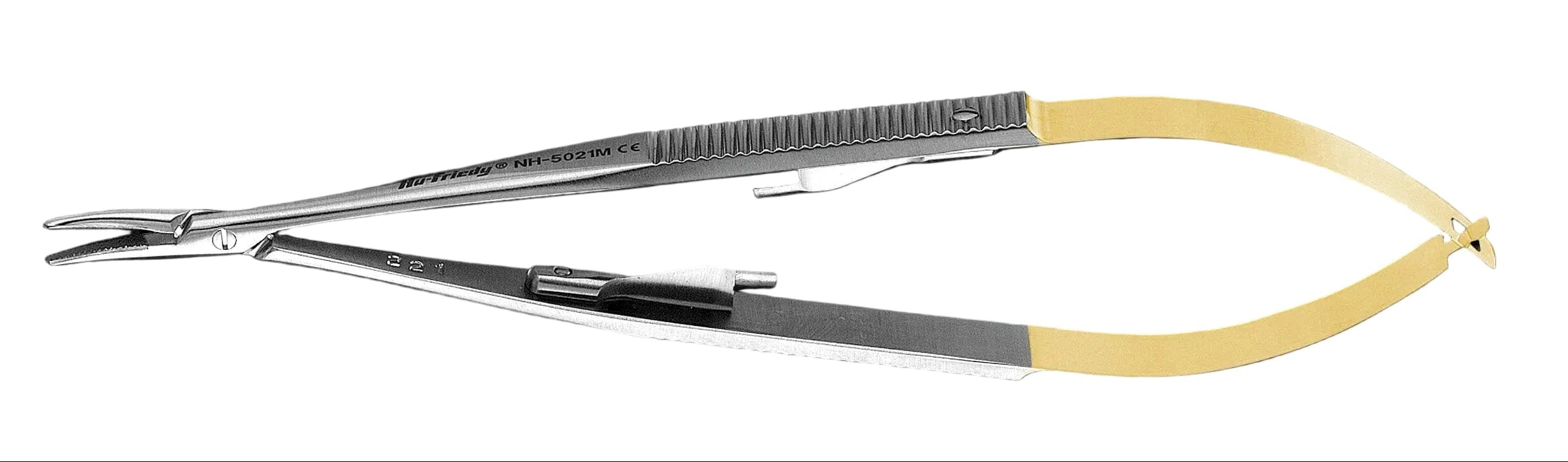 A close-up of the Hu-Friedy Perma Sharp Castroviejo Needle Holder, featuring a spring handle, serrated grip, and gold-plated finger rings by Hu-Friedy, designed for precise needle handling in surgical procedures.