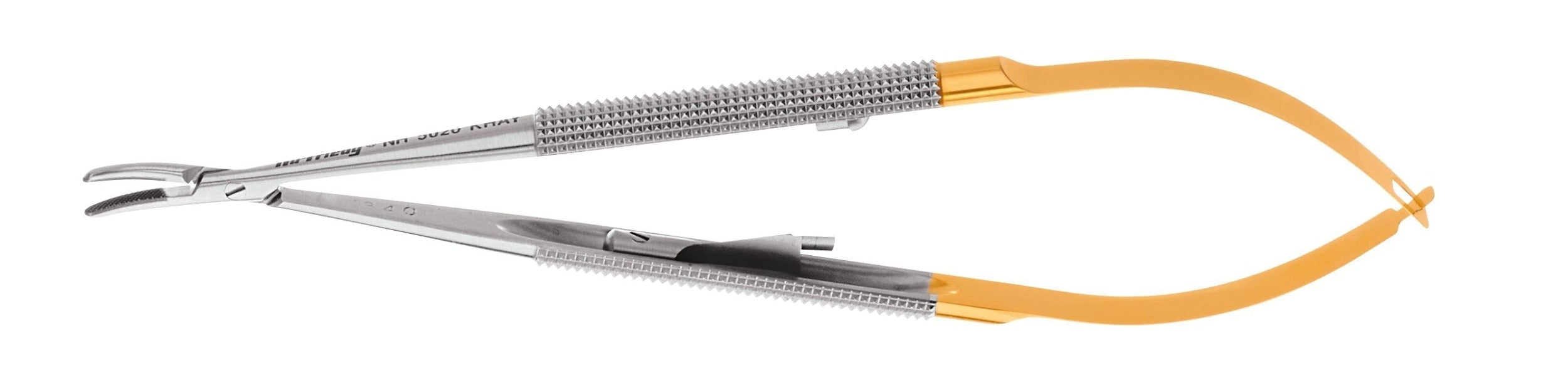 The Hu-Friedy Perma Sharp Castroviejo Needle Holders by Hu-Friedy feature a curved tip, textured grip handles, and gold-colored finger loops, and are commonly used in surgical and microsurgical procedures.