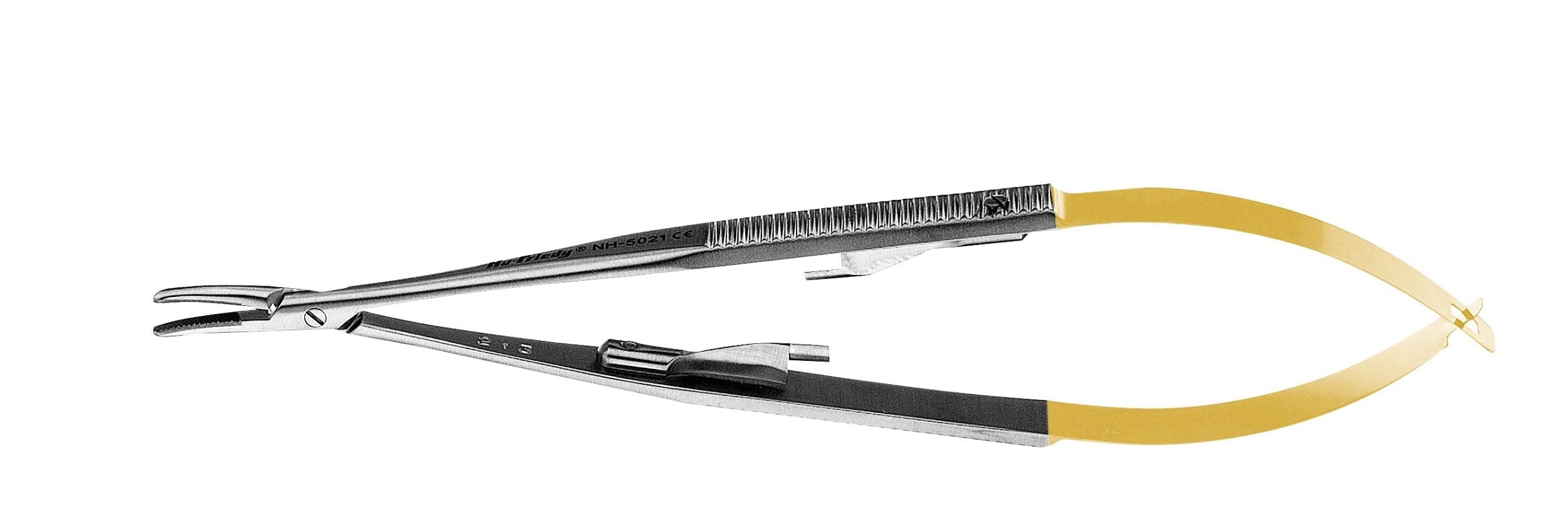 The Hu-Friedy Perma Sharp Castroviejo Needle Holders by Hu-Friedy feature a gold handle and curved, textured tips for secure needle holding during suturing in medical procedures.