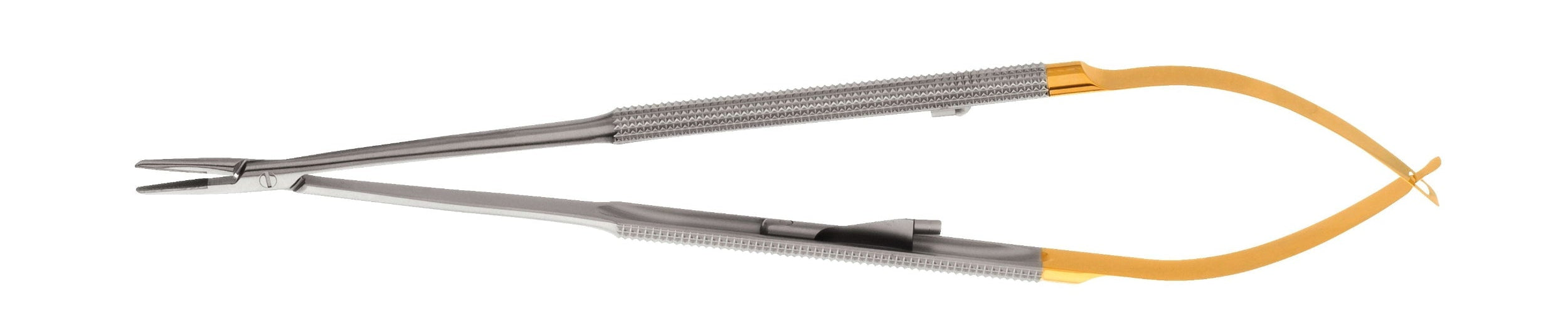 The Hu-Friedy Perma Sharp Castroviejo Needle Holder by Hu-Friedy features a curved, gold-colored handle and textured grip, designed for precise needle control during suturing procedures.