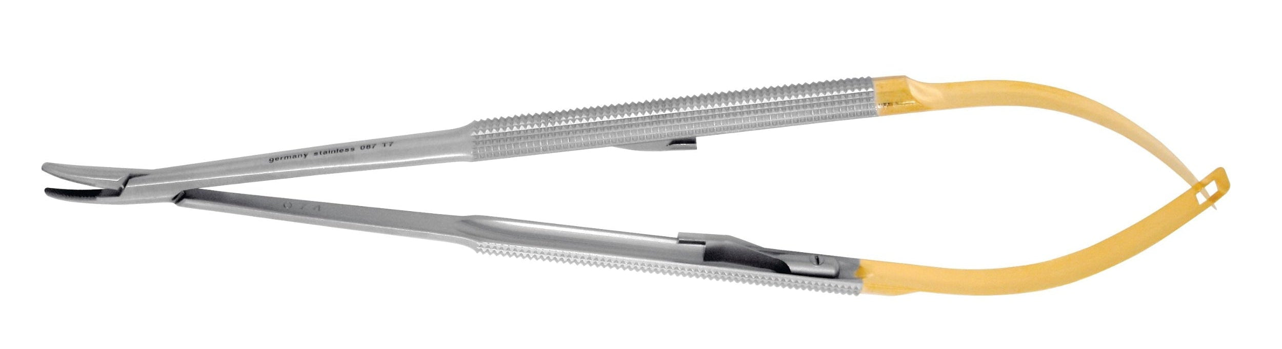 The Hu-Friedy Perma Sharp Castroviejo Needle Holders feature a curved tip, metal body, textured grip, and yellow-coated handles for precise control during medical procedures.
