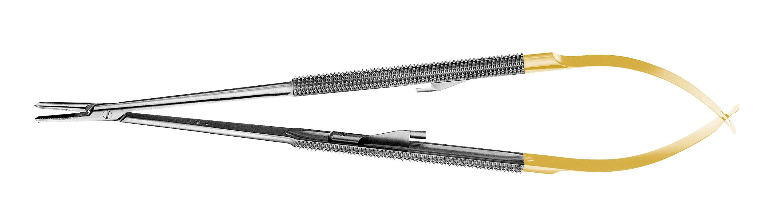 Hu-Friedy Perma Sharp Castroviejo Needle Holders by Hu-Friedy have a metallic body, gold-colored finger grips, spring handles, and a locking mechanism—perfect for precise microsurgical procedures.