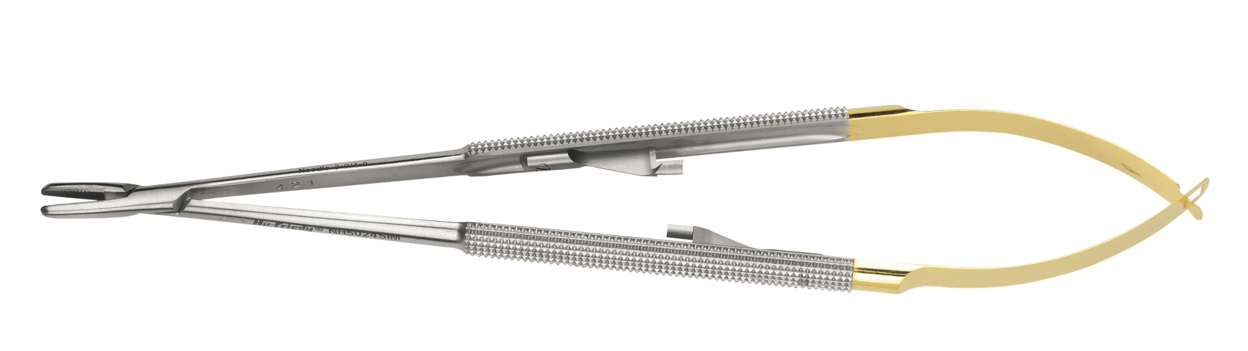 A close-up of the Hu-Friedy Perma Sharp Castroviejo Needle Holders, featuring gold-colored finger loops, textured grips, and a scissor-like design for suturing in medical procedures.