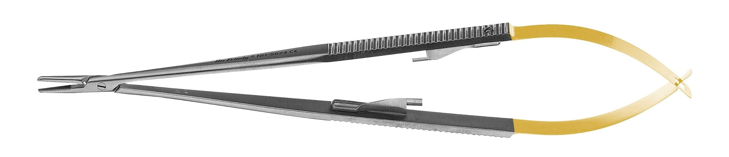 Hu-Friedy Perma Sharp Castroviejo Needle Holders by Hu-Friedy feature a metal body, gold-colored finger loops, spring handle, and textured grip for precise microsurgical procedures.