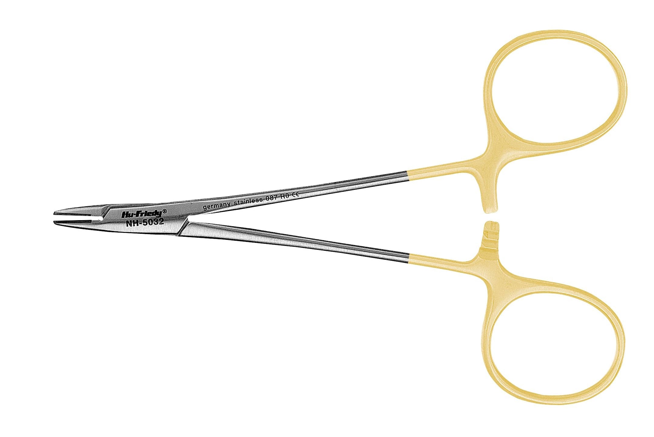 Hu-Friedy Perma-Sharp® Needle Holders by Hu-Friedy feature scissor-style handles and yellow plastic-coated finger rings with a metal tip, designed for precise gripping or holding needles during surgical suturing.