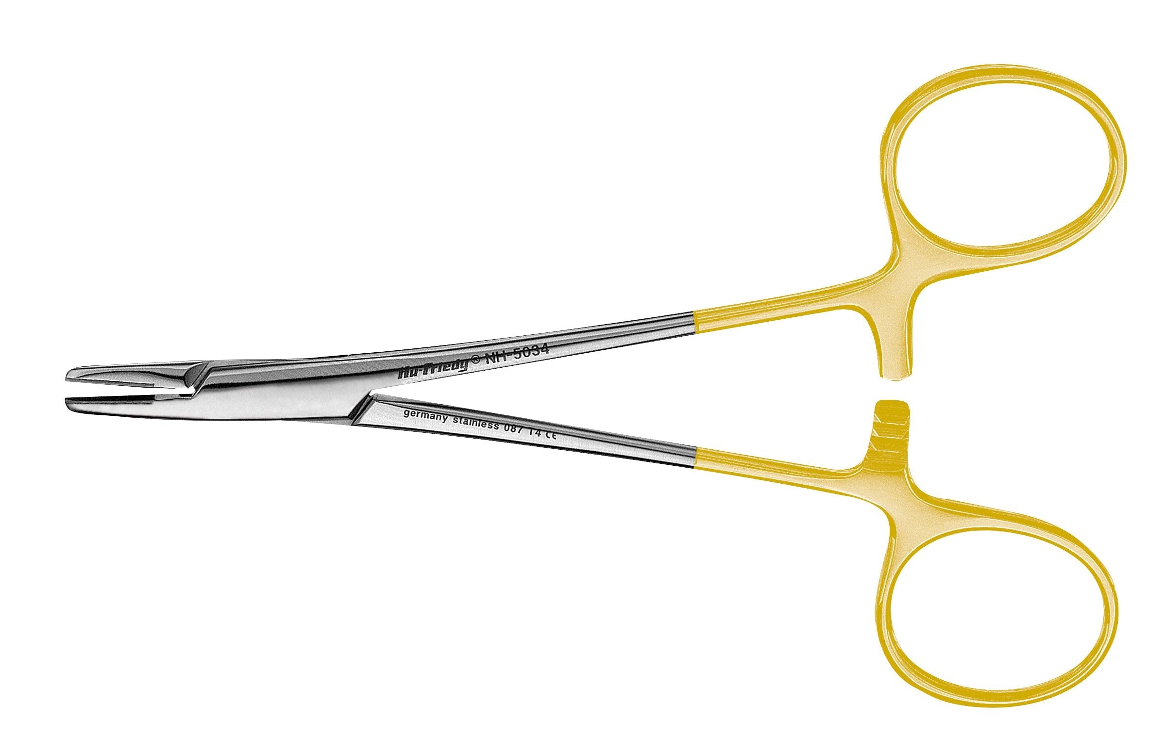 Hu-Friedy Perma-Sharp® Needle Holders – Scissor-Style Handles by Hu-Friedy, featuring tungsten carbide inserts and yellow-coated finger rings, are ideal for precise surgical suturing and shown on a white background.