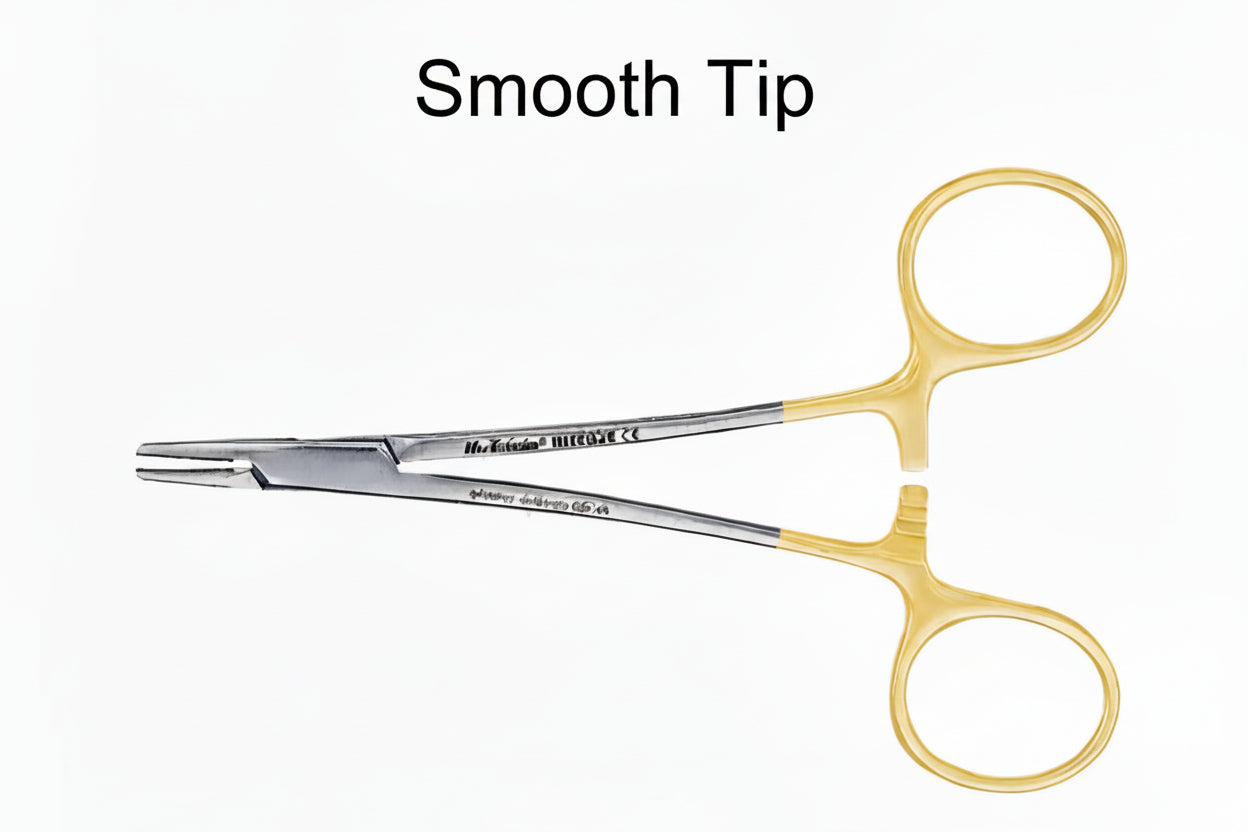 Hu-Friedy Perma-Sharp® Needle Holders feature yellow finger rings and a smooth, flat tip ideal for surgical suturing. "Smooth Tip" is written above the instrument. Brand: Hu-Friedy.