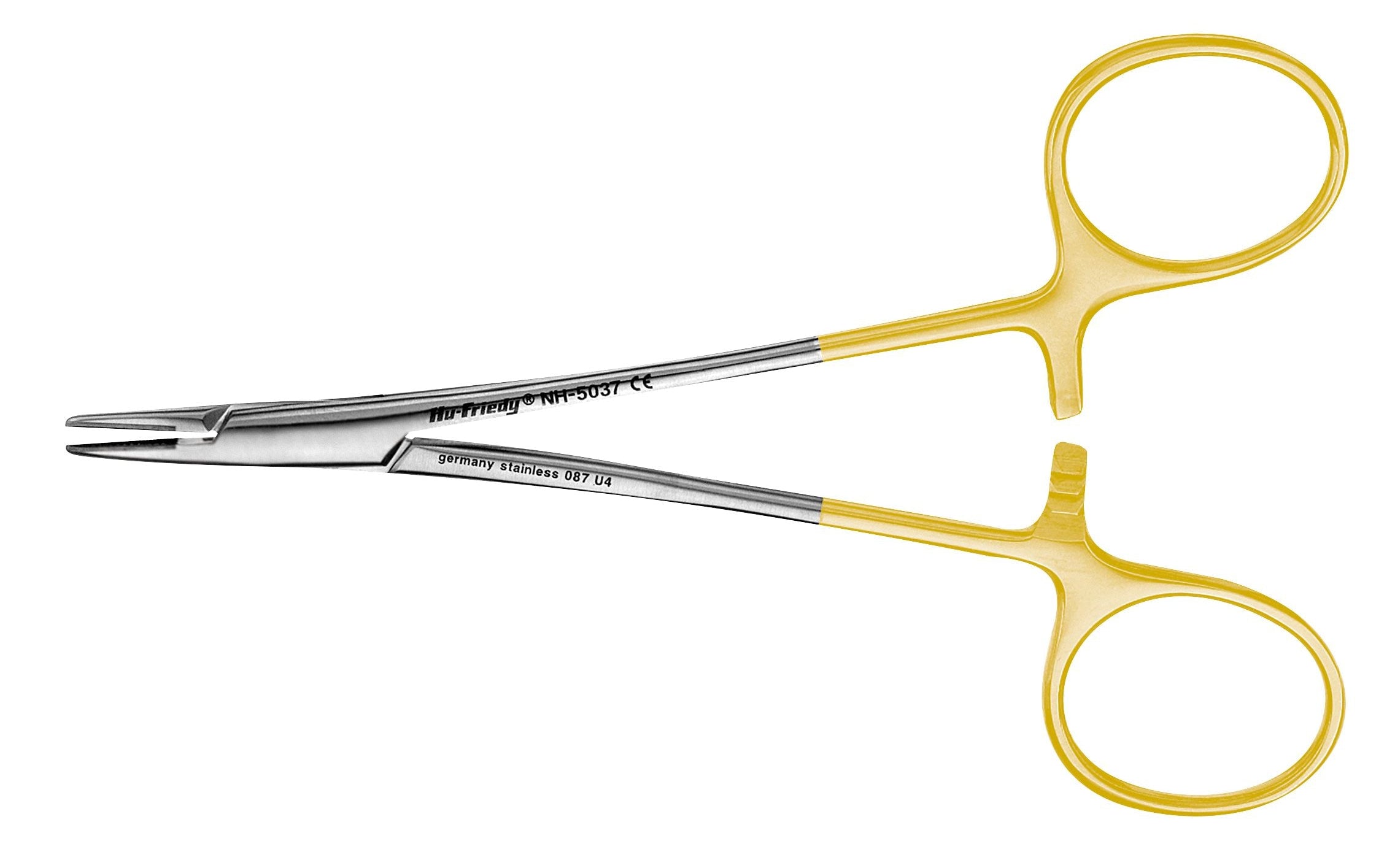The Hu-Friedy Perma-Sharp® Needle Holders feature scissor-style handles, gold finger rings, tungsten carbide inserts, and a locking mechanism for secure needle holding during surgical suturing.