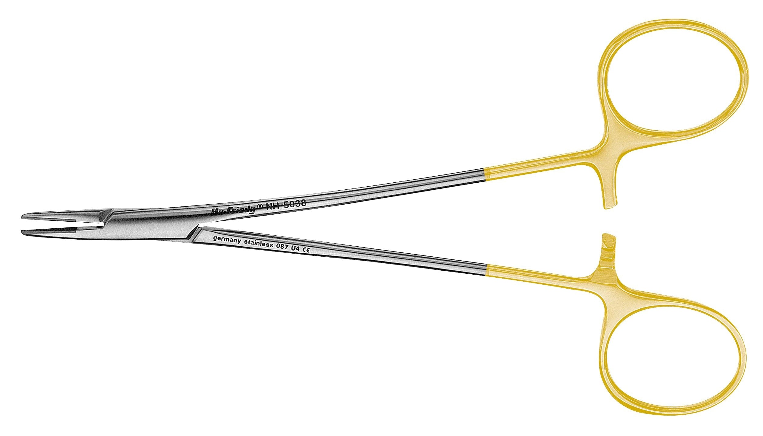 The Hu-Friedy Perma-Sharp® Needle Holders feature scissor-style handles, finger rings, a locking mechanism, and tungsten carbide inserts for enhanced grip during surgical suturing.
