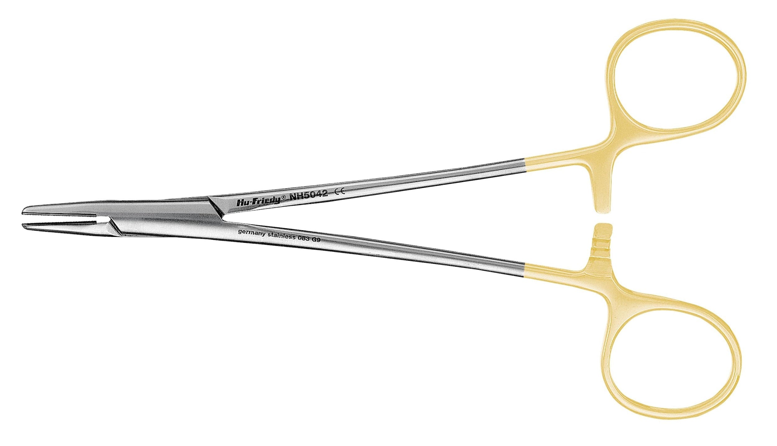 The Hu-Friedy Perma-Sharp® Needle Holders by Hu-Friedy feature yellow finger rings and silver jaws with tungsten carbide inserts, designed for secure needle holding during surgical suturing procedures, shown on a white background.