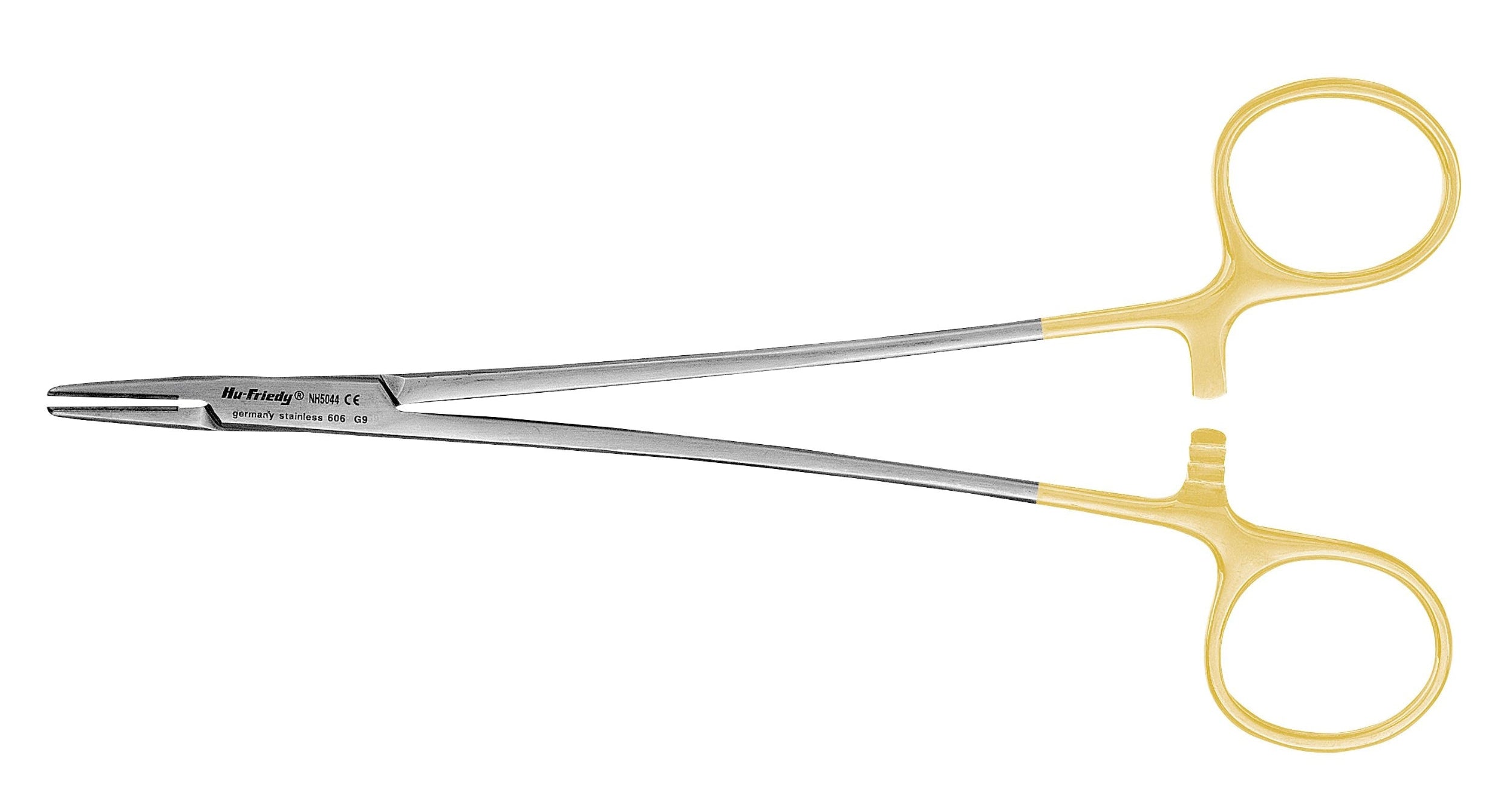 A pair of Hu-Friedy Perma-Sharp® Needle Holders with gold-colored scissor-style handles and tungsten carbide inserts, designed for surgical suturing, is shown on a white background.