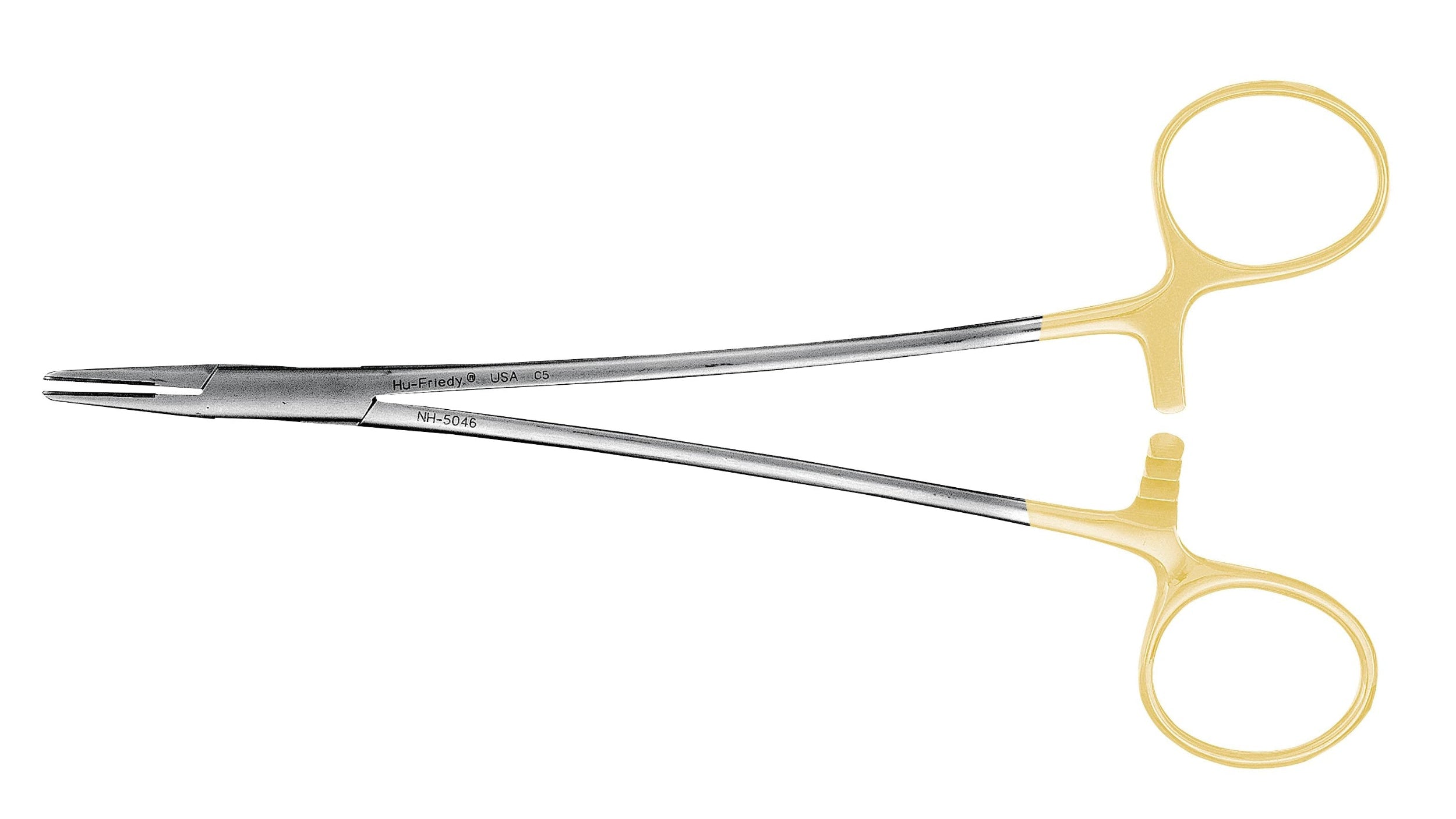 The Hu-Friedy Perma-Sharp® Needle Holders by Hu-Friedy feature scissor-style curved handles with yellow finger rings, and smooth, narrow jaws—ideal for surgical suturing or as needle holders. Shown on a white background.