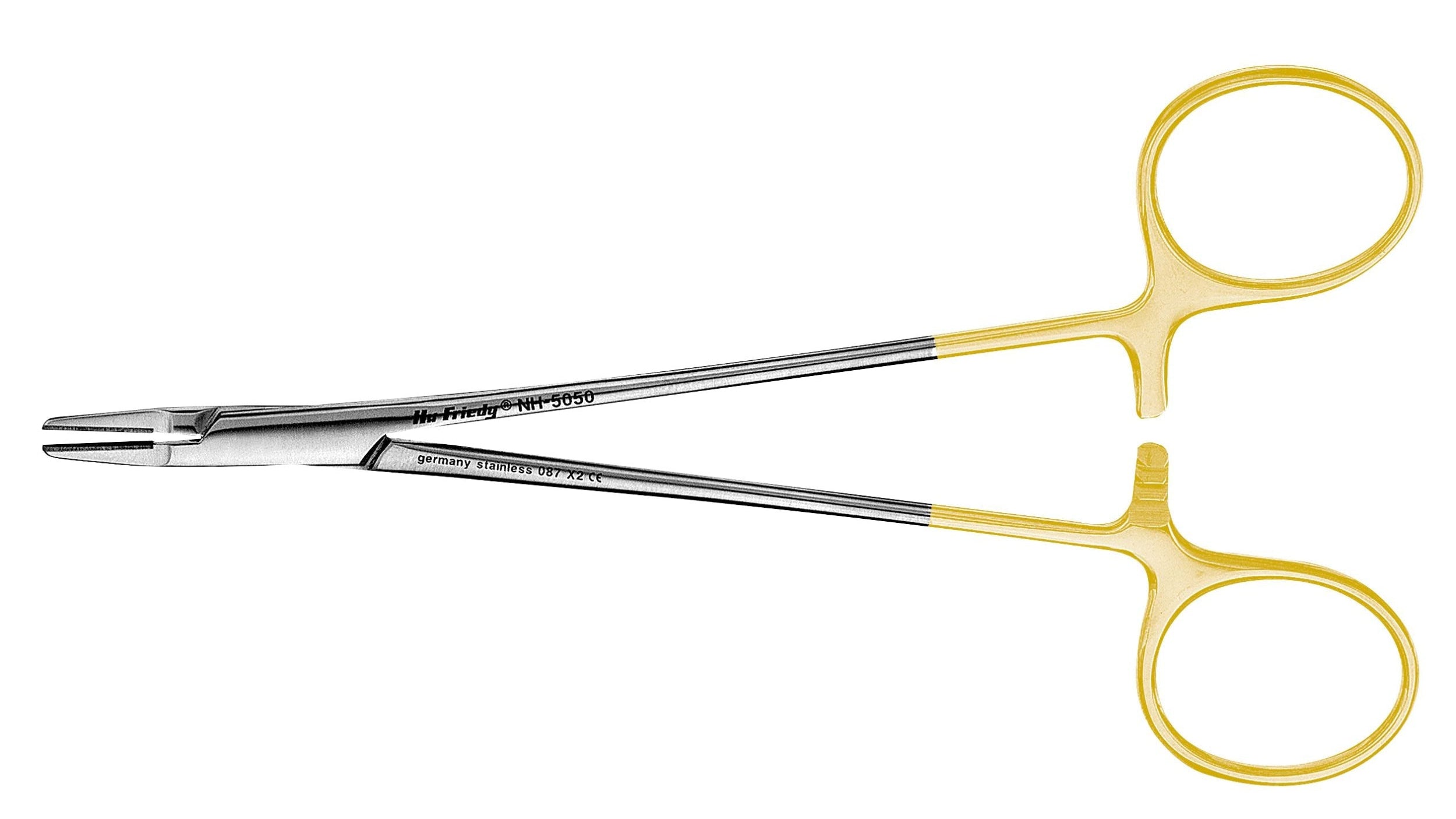The Hu-Friedy Perma-Sharp® Needle Holder by Hu-Friedy features scissor-style handles, a silver body with gold-colored rings and handle, tungsten carbide inserts for grip, straight jaws, and a locking mechanism—ideal for precise surgical suturing.