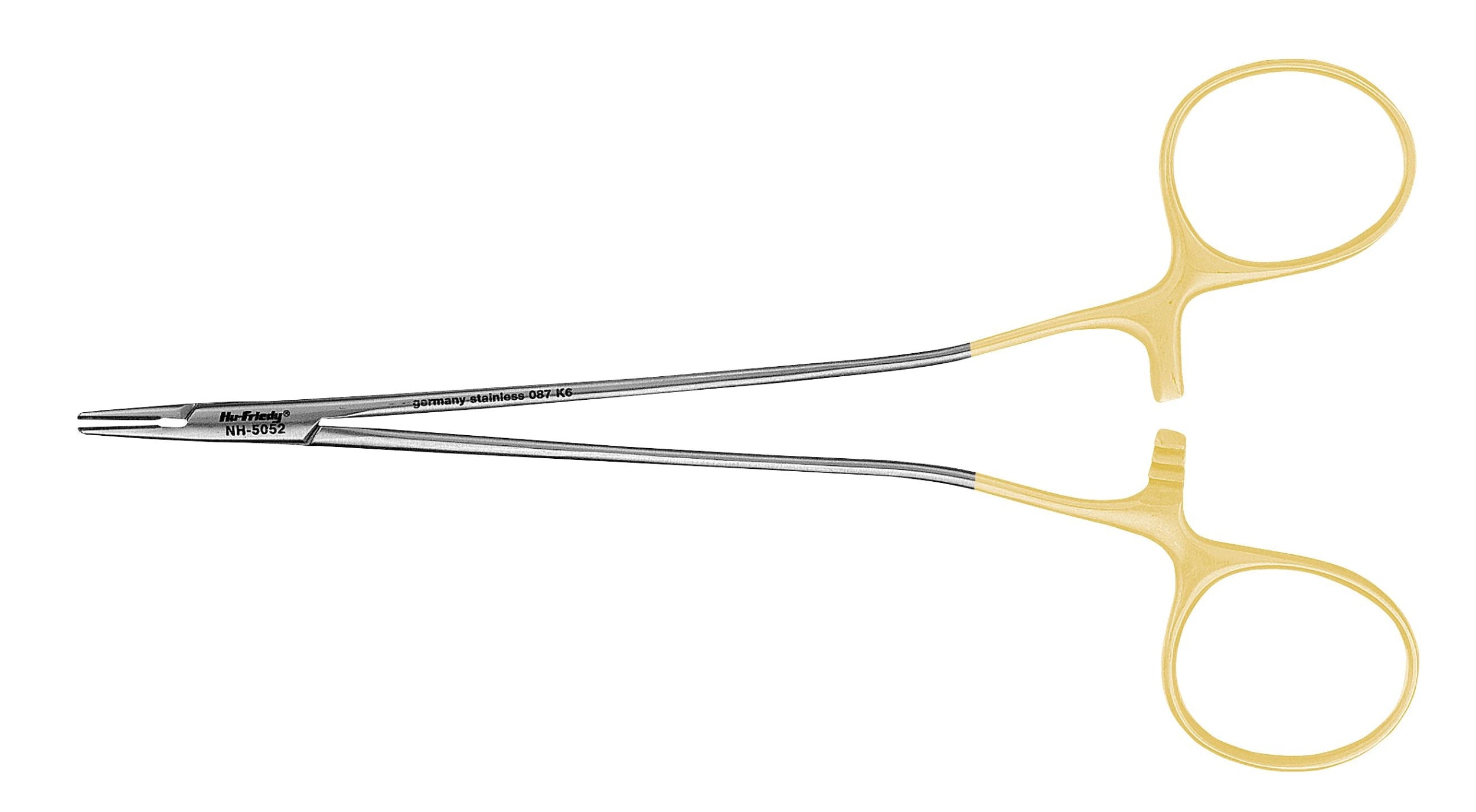 The Hu-Friedy Perma-Sharp® Needle Holders feature yellow, scissor-style handles, tungsten carbide inserts, and a metal locking clamp for controlling bleeding during surgical procedures; shown on a white background.