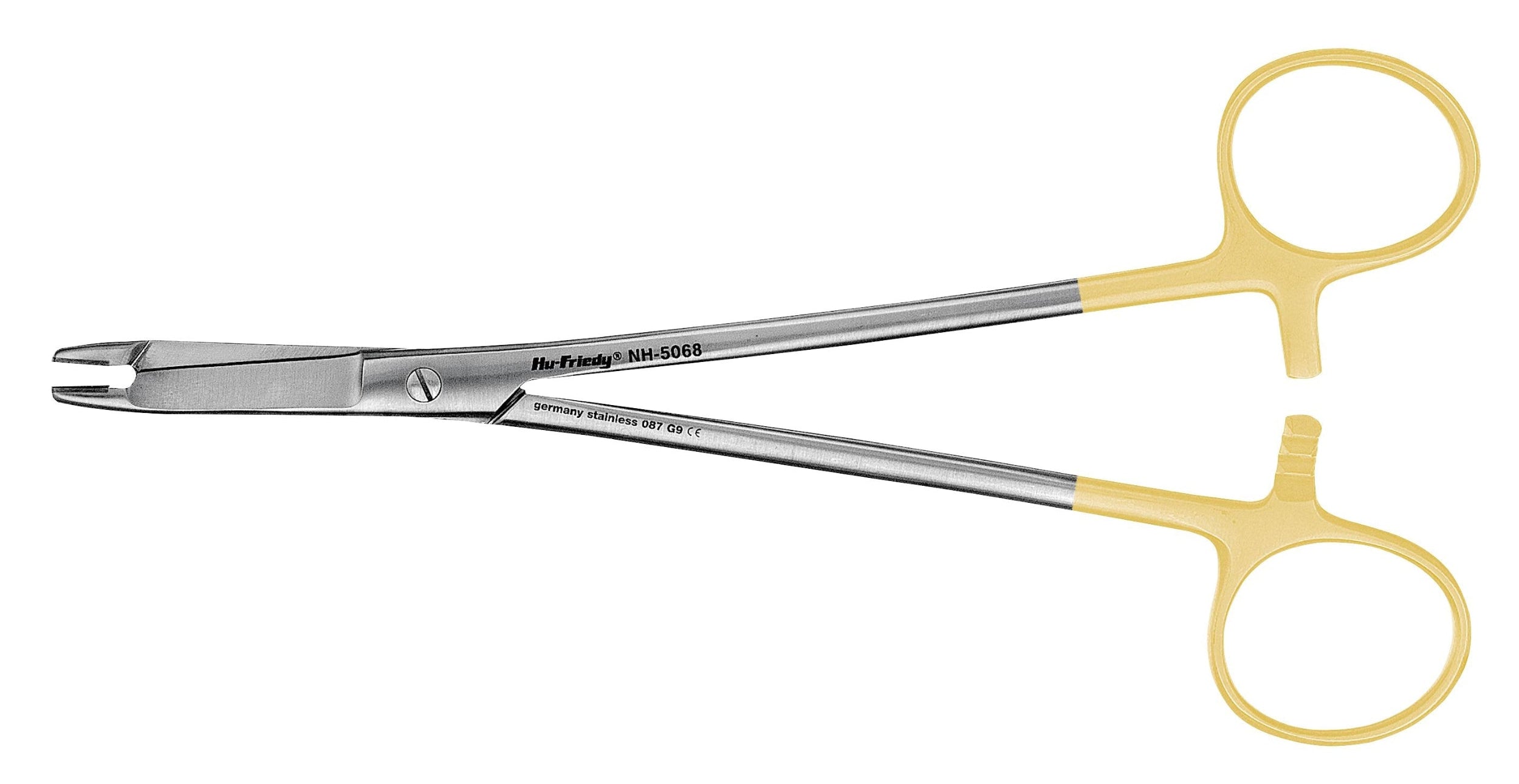 Hu-Friedy Perma-Sharp® Needle Holders by Hu-Friedy, featuring yellow scissor-style handles, tungsten carbide inserts, and a metal body for secure needle holding during suturing, are shown on a white background.
