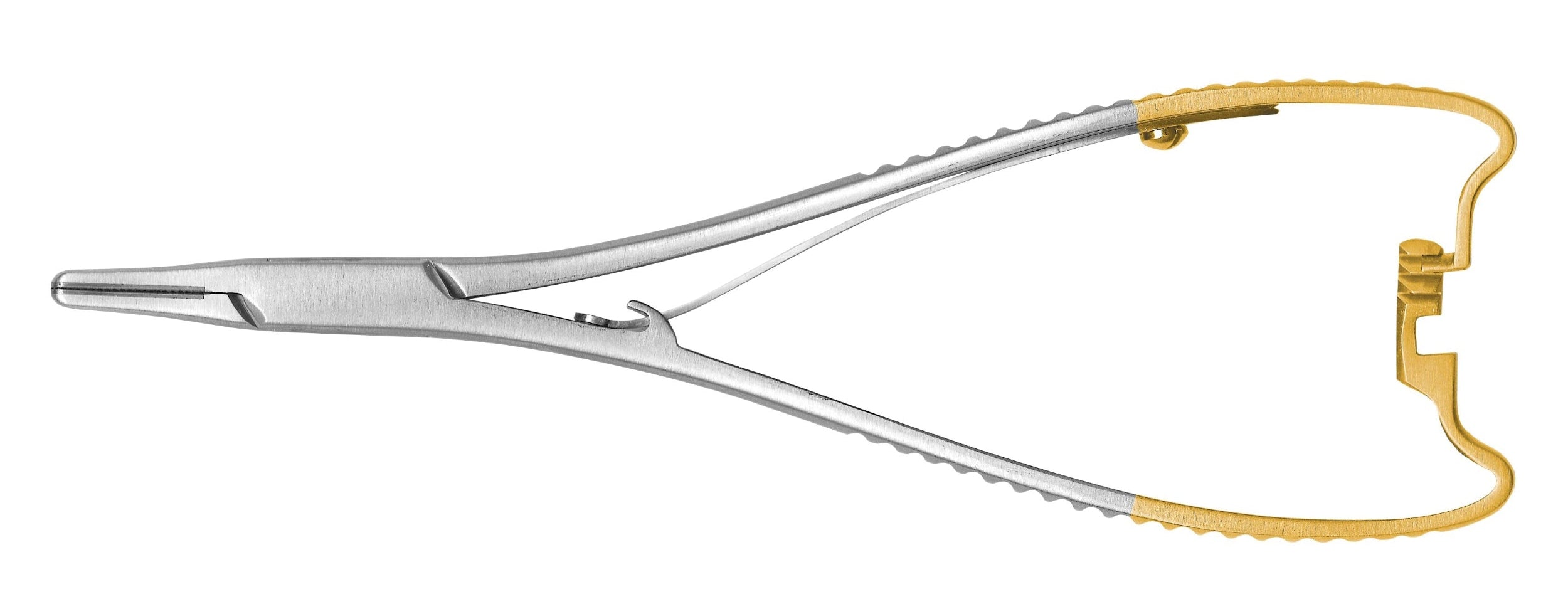 A Hu-Friedy Perma-Sharp® Needle Holder with palm-style handles, gold-coated rings, tungsten carbide inserts, and a textured grip is shown against a white background.