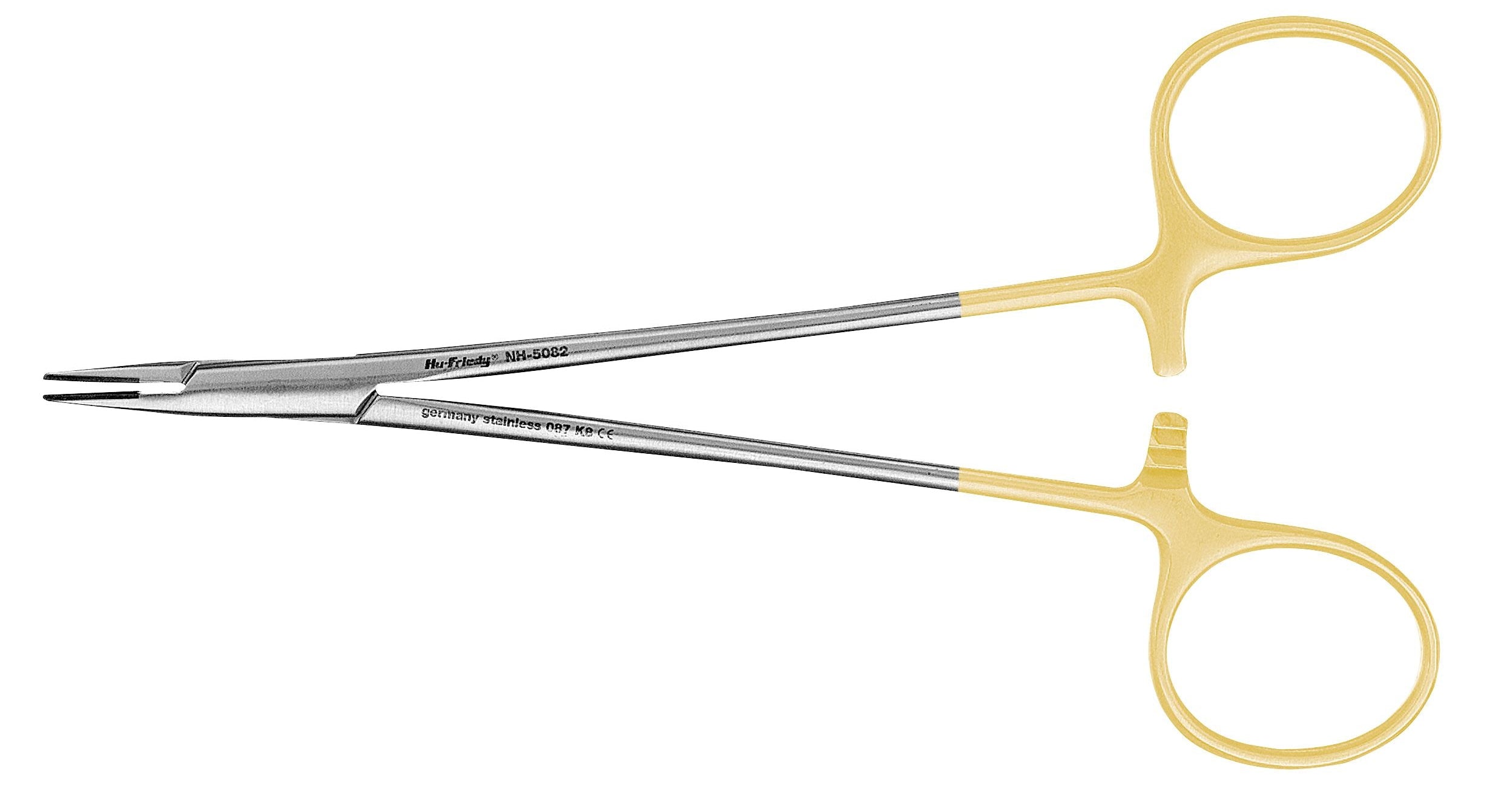 Hu-Friedy Perma-Sharp® Needle Holders – Scissor-Style Handles by Hu-Friedy feature tungsten carbide inserts and yellow finger rings, offering precise surgical suturing control. Shown against a white background.