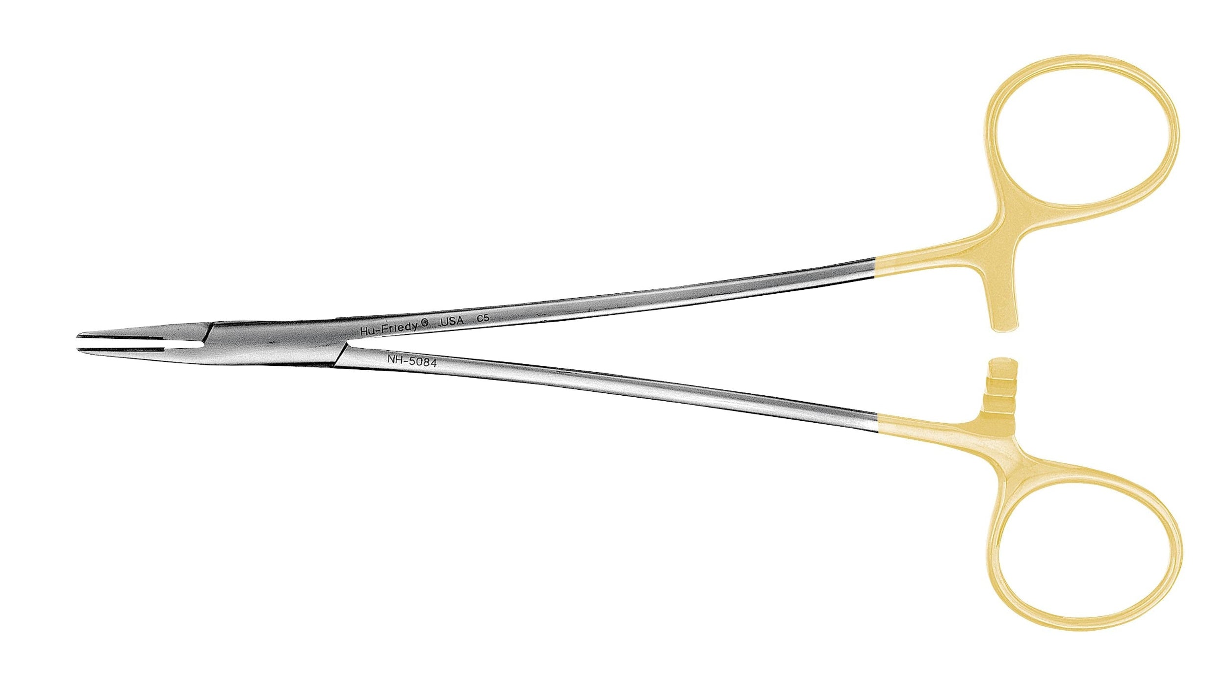 The Hu-Friedy Perma-Sharp® Needle Holders by Hu-Friedy feature scissor-style handles, gold and silver finish, tungsten carbide inserts, two finger loops, and a locking mechanism for secure grip during suturing.