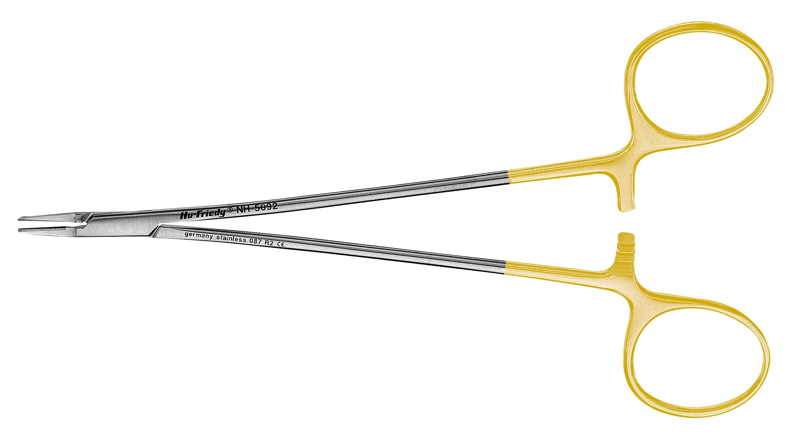 The Hu-Friedy Perma-Sharp® Needle Holders with scissor-style yellow handles and tungsten carbide inserts, designed for precise suturing and a secure locking mechanism, are shown on a white background.
