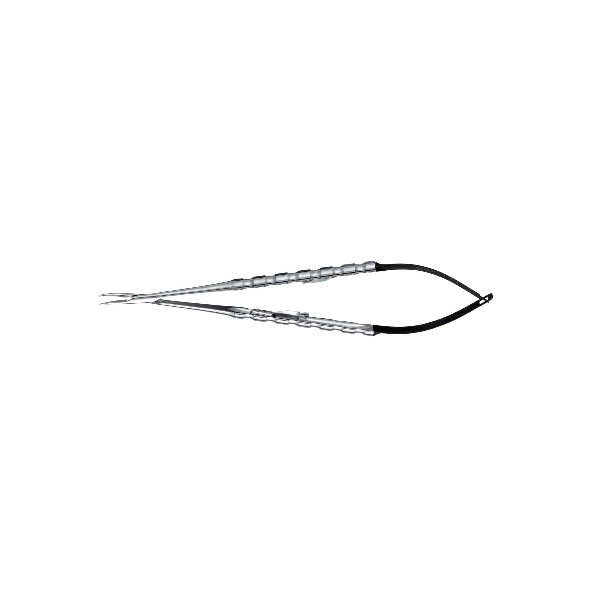 The Hu-Friedy Diamond Dusted Microsurgical Castroviejo Needle Holders feature fine tips, curved shape, spring handle, textured grip, and diamond-dusted beaks—essential for microsurgery—shown against a white background.