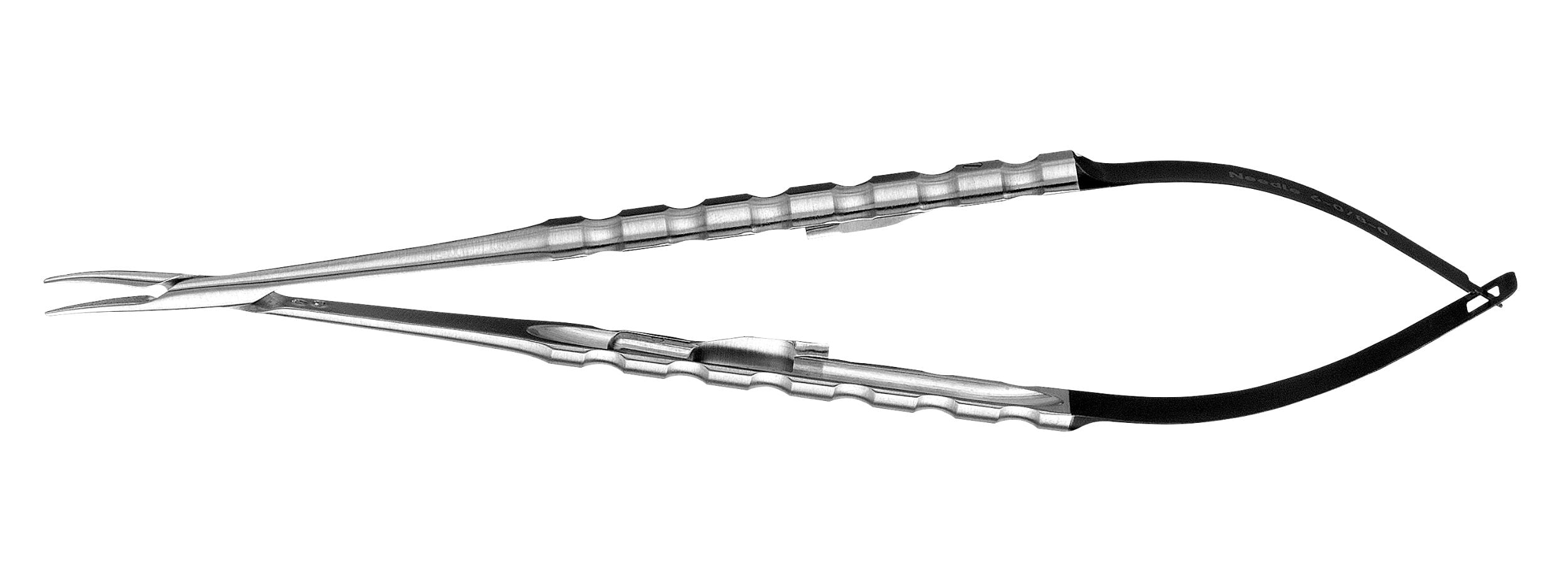 A close-up of Hu-Friedy Diamond Dusted Microsurgical Castroviejo Needle Holders, featuring textured grips, a spring handle, fine curved tips, and diamond-dusted beaks, isolated on a white background.