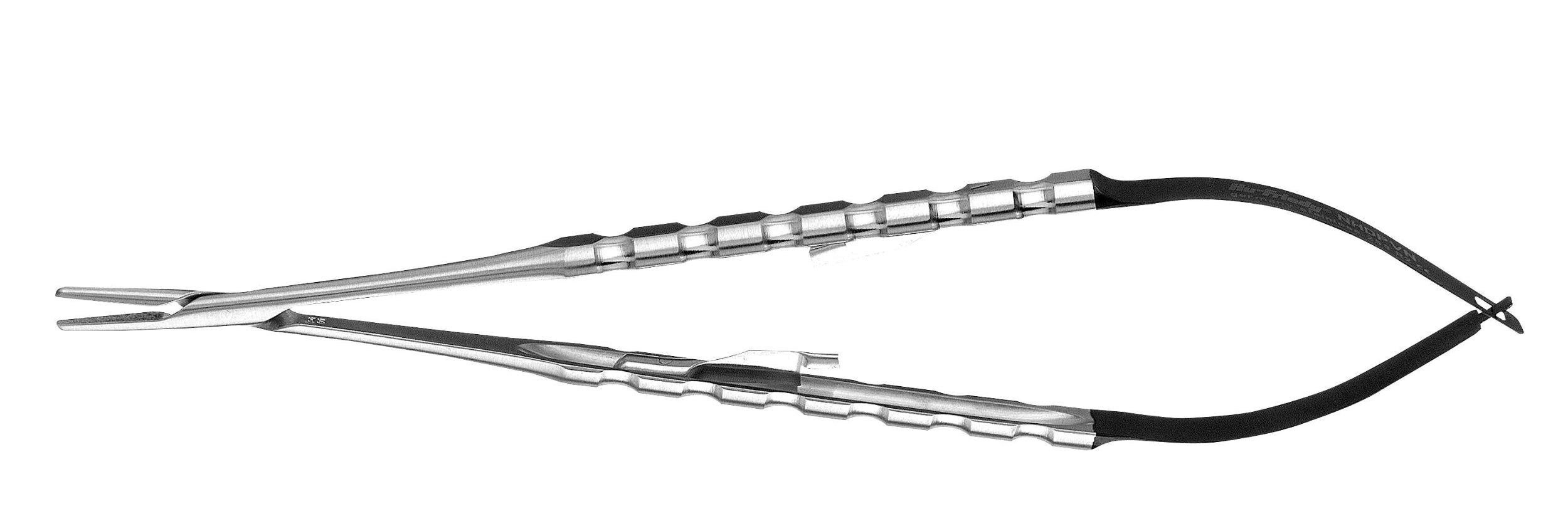 The Hu-Friedy Diamond Dusted Microsurgical Castroviejo Needle Holders, featuring a ridged handle and black-coated grips, are precision instruments ideal for delicate procedures, shown here on a white background.