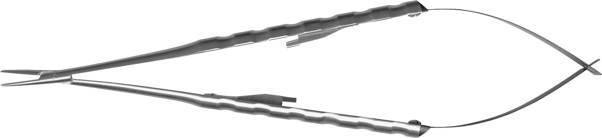 The Hu-Friedy Diamond Dusted Microsurgical Castroviejo Needle Holders feature textured handles, a spring-loaded mechanism, and stainless steel construction for precise needle control during suturing procedures.