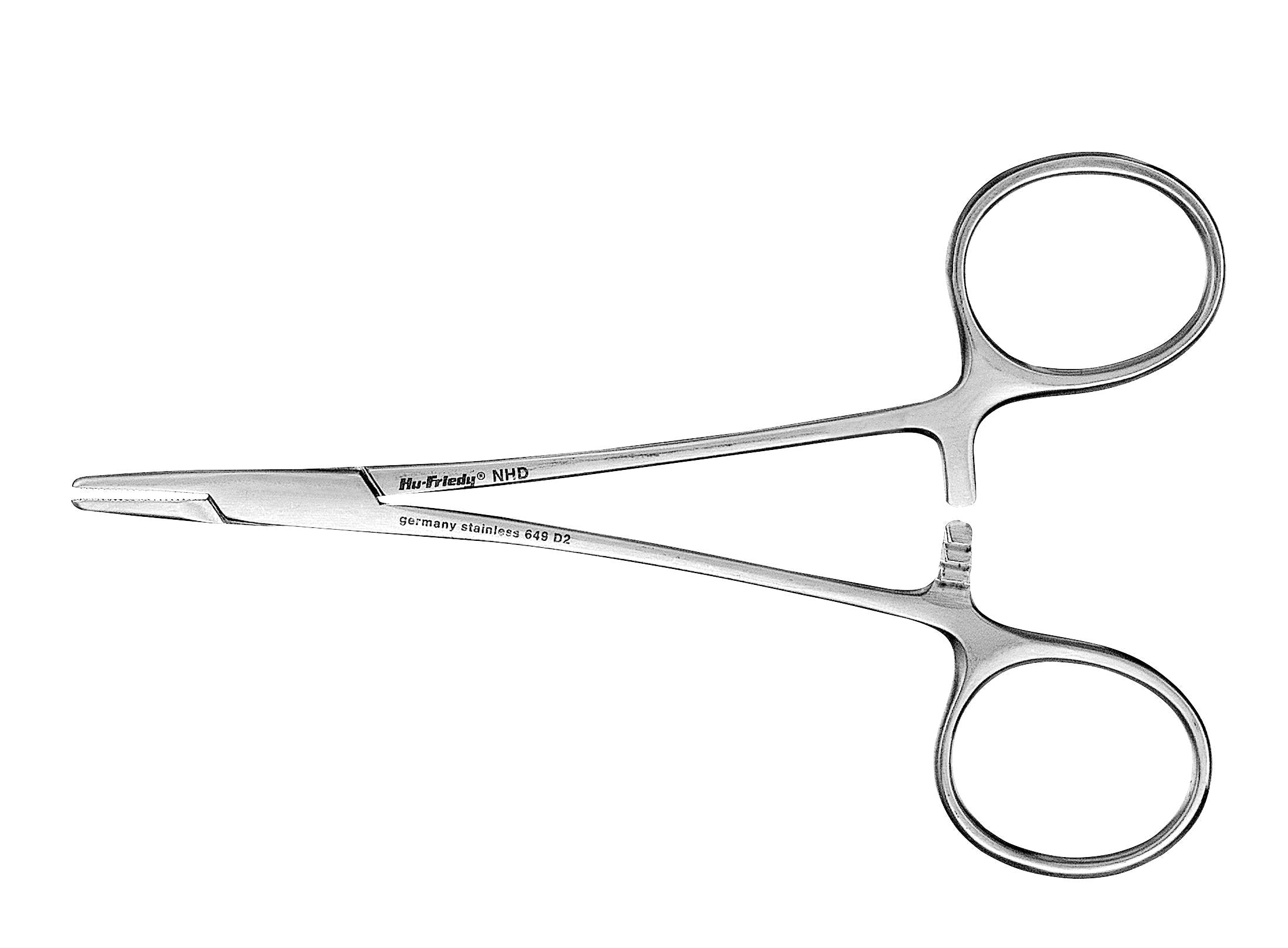Hu-Friedy General Needle Holders by Hu-Friedy are stainless steel hemostat forceps with finger rings and a locking mechanism, used to clamp blood vessels or tissues during medical, dental suturing, or surgical procedures.