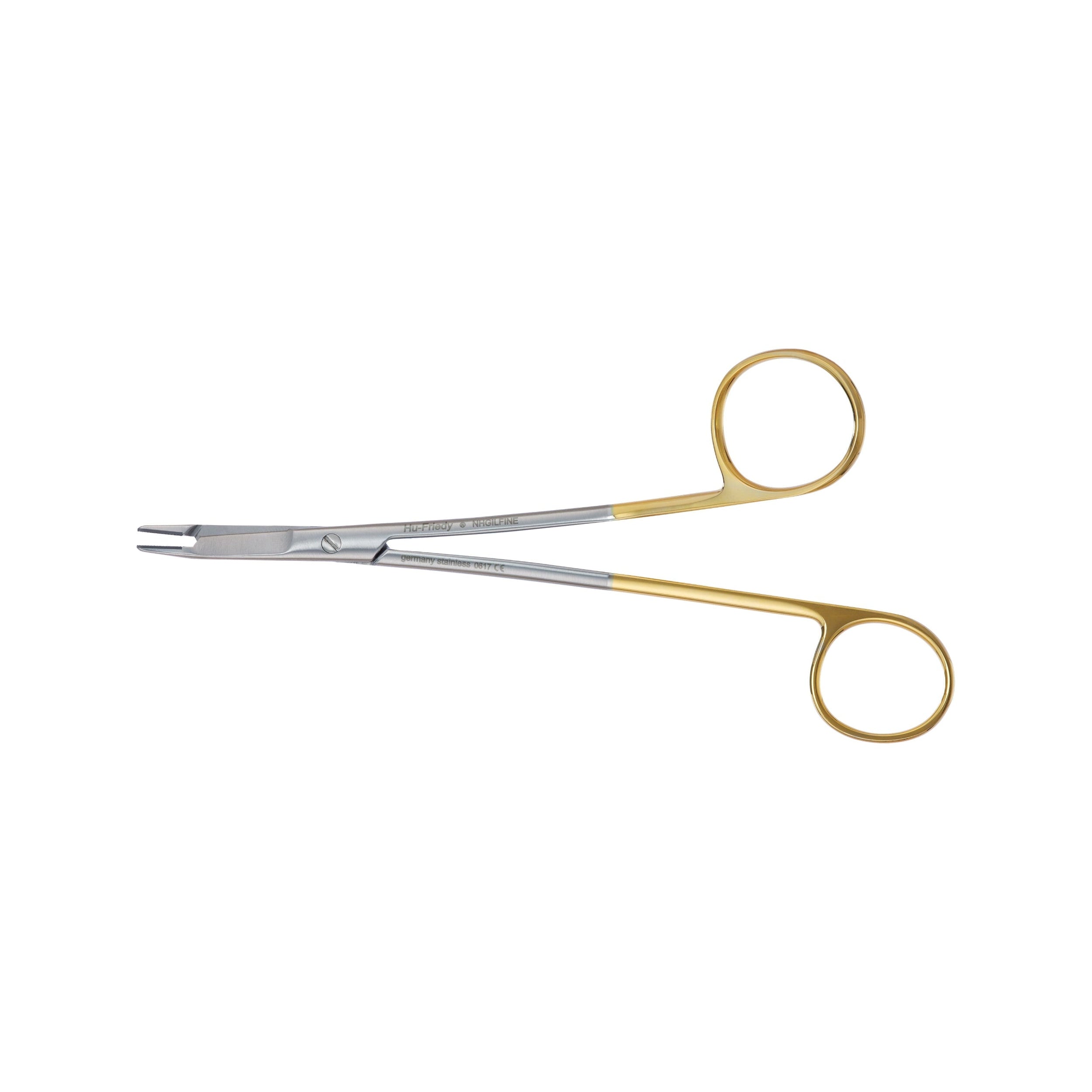 The Hu-Friedy Perma-Sharp® Needle Holders by Hu-Friedy feature gold finger rings, tungsten carbide inserts, and straight serrated jaws for secure suturing grip; shown with scissor-style handles on a white background.