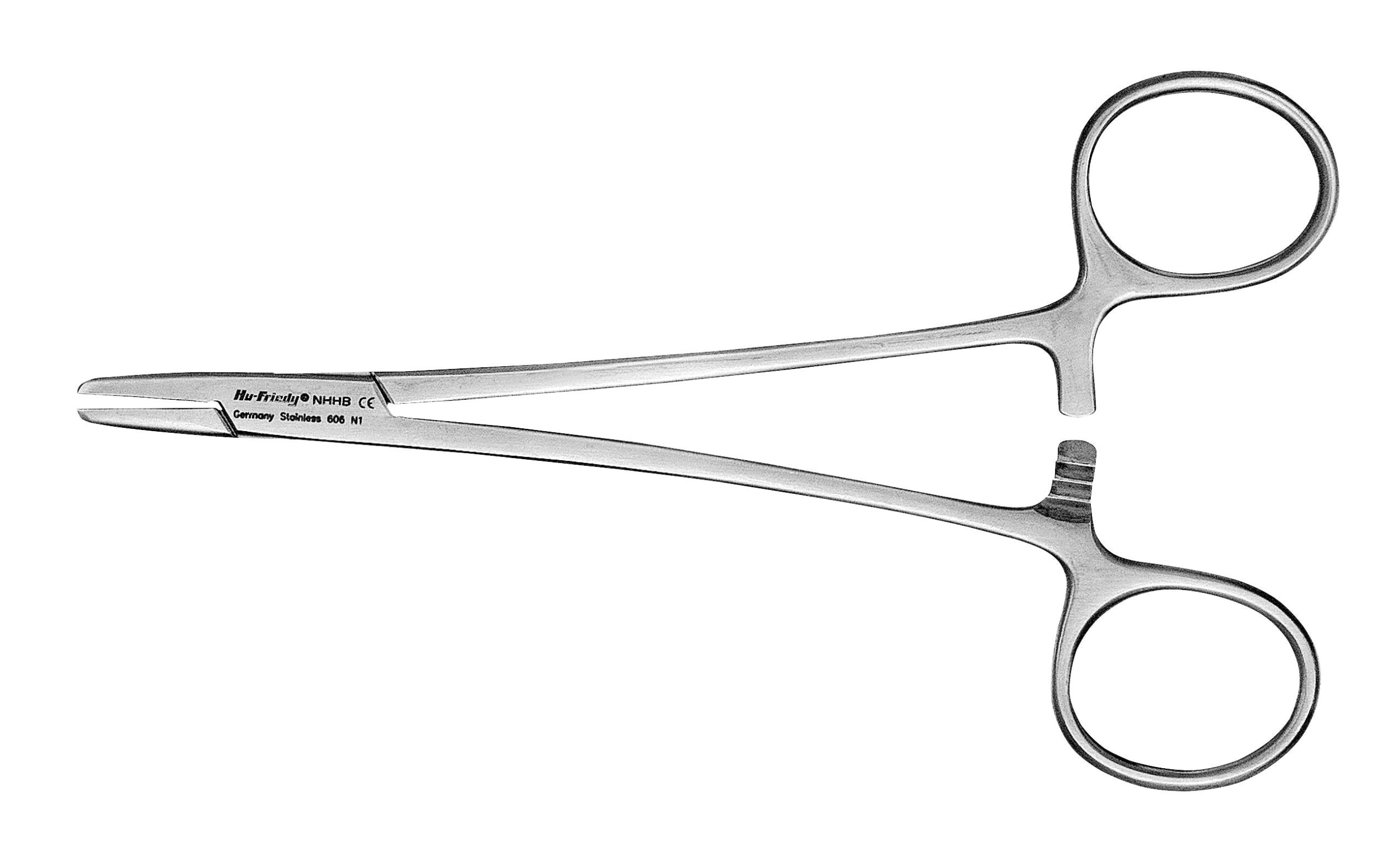 The Hu-Friedy General Needle Holders by Hu-Friedy are stainless steel instruments with scissor-like handles and a locking mechanism, ideal for dental suturing or oral surgery, shown open on a white background.