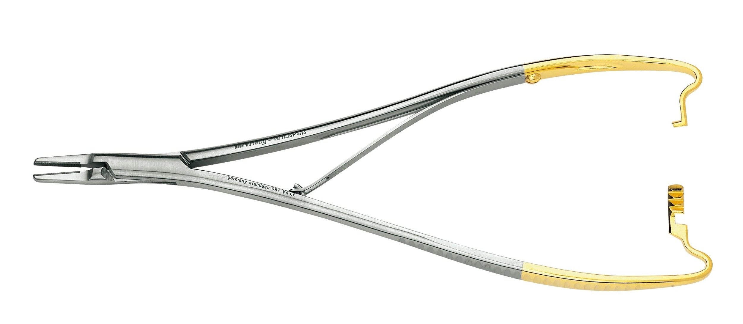 The Hu-Friedy Perma-Sharp® Needle Holders – Palm-Style Handles (Mathie-Kocher & Lichtenberg) are stainless steel and gold dental instruments featuring notched and grooved tips for bending and adjusting wires.