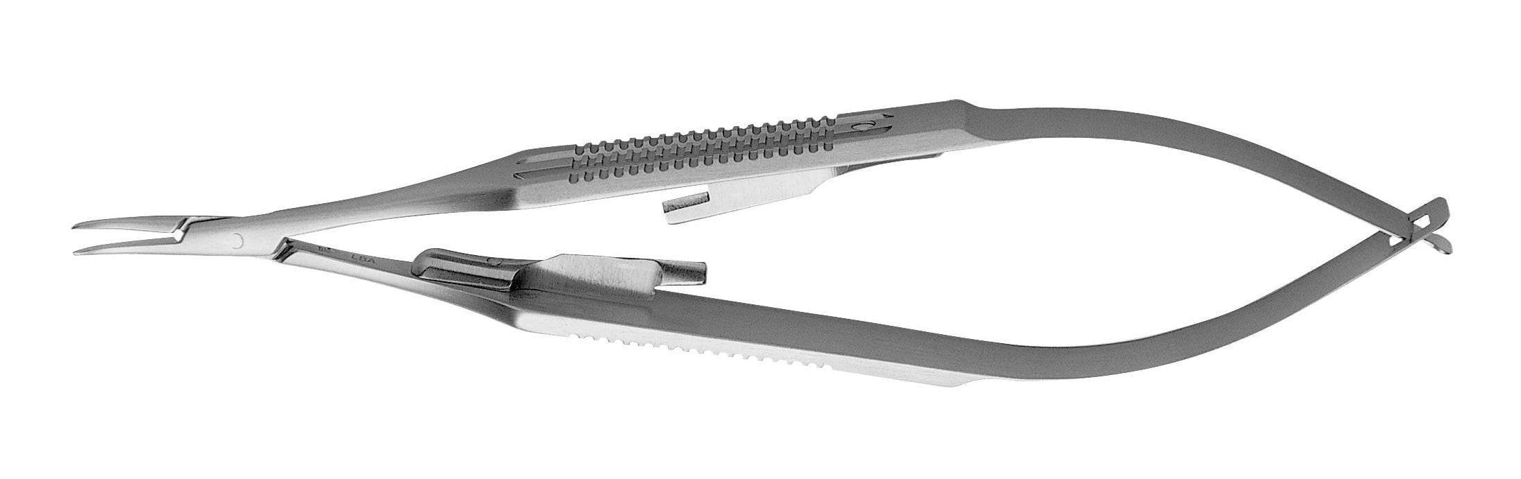 The Hu-Friedy Microsurgical Castroviejo Needle Holder by Hu-Friedy features a stainless steel build, curved handle, textured grip, and pointed tips—ideal for precision in microsurgery. Shown on a white background.