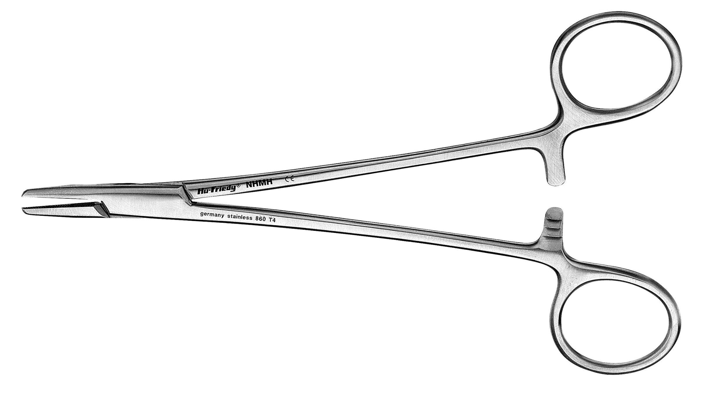 The Hu-Friedy General Needle Holders by Hu-Friedy are stainless steel clamps with two finger loops and a locking mechanism, designed for dental suturing and oral surgery to control bleeding. The instrument is displayed on a white background.