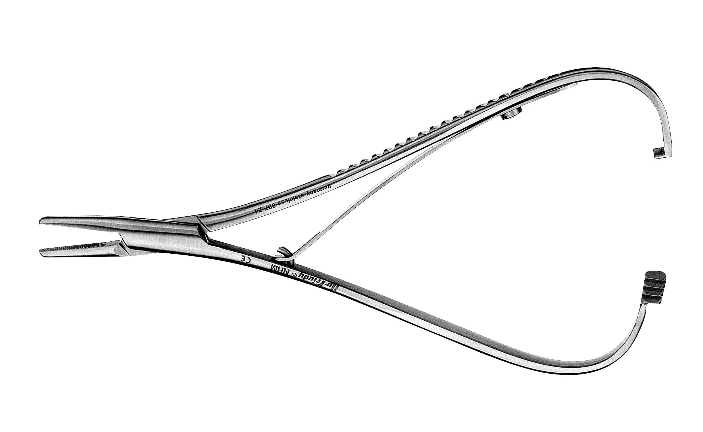 The Hu-Friedy General Needle Holders by Hu-Friedy are stainless steel instruments with curved handles and narrow, serrated jaws for gripping or cutting during surgical and dental suturing procedures. Shown on a plain white background.