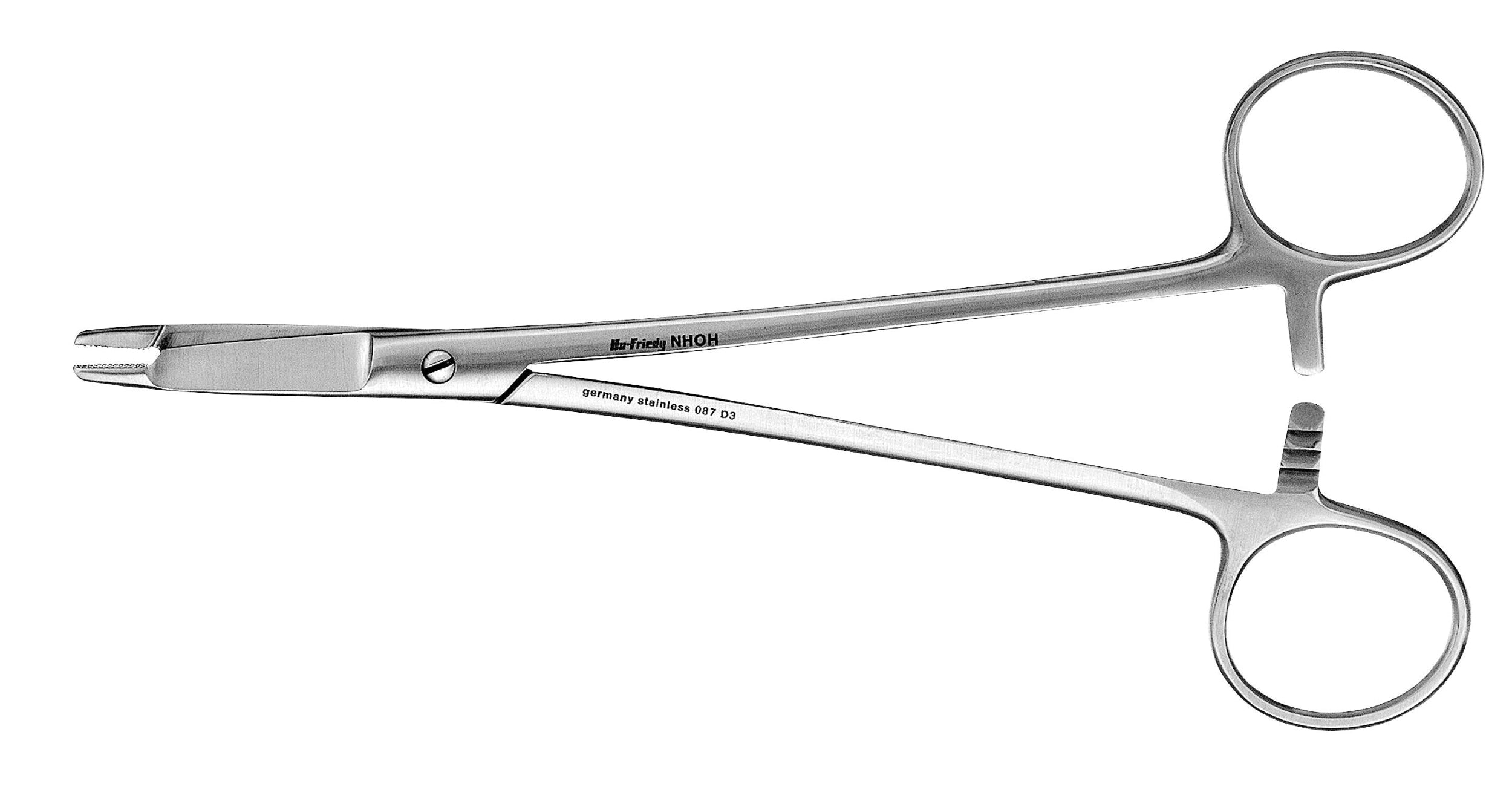 The Hu-Friedy General Needle Holders by Hu-Friedy feature stainless steel construction, two finger rings, a ratchet lock, and flat, serrated jaws—ideal for dental suturing and oral surgery—shown against a white background.