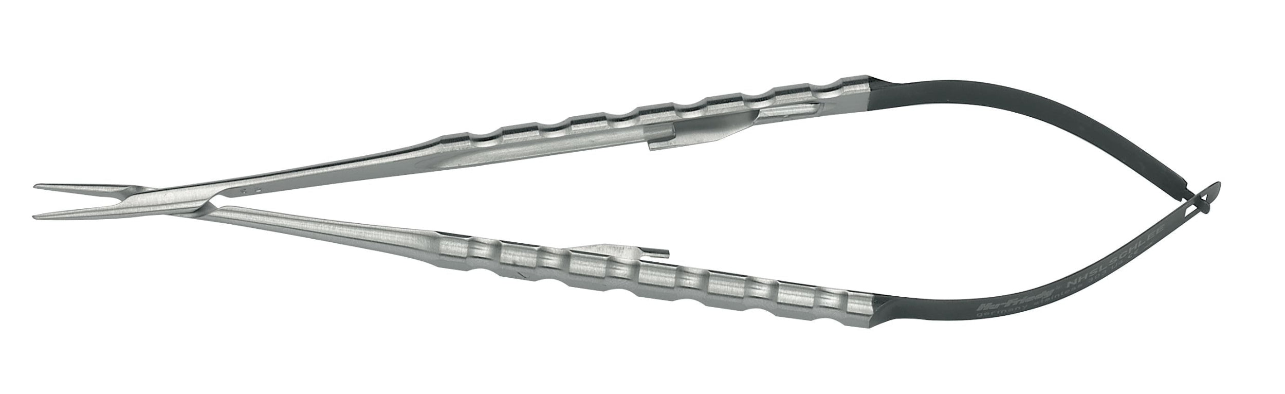 The Hu-Friedy Microsurgical Castroviejo Needle Holders by Hu-Friedy are stainless steel instruments with a scissor-like design, textured grip, and curved black spring handle for precise control.