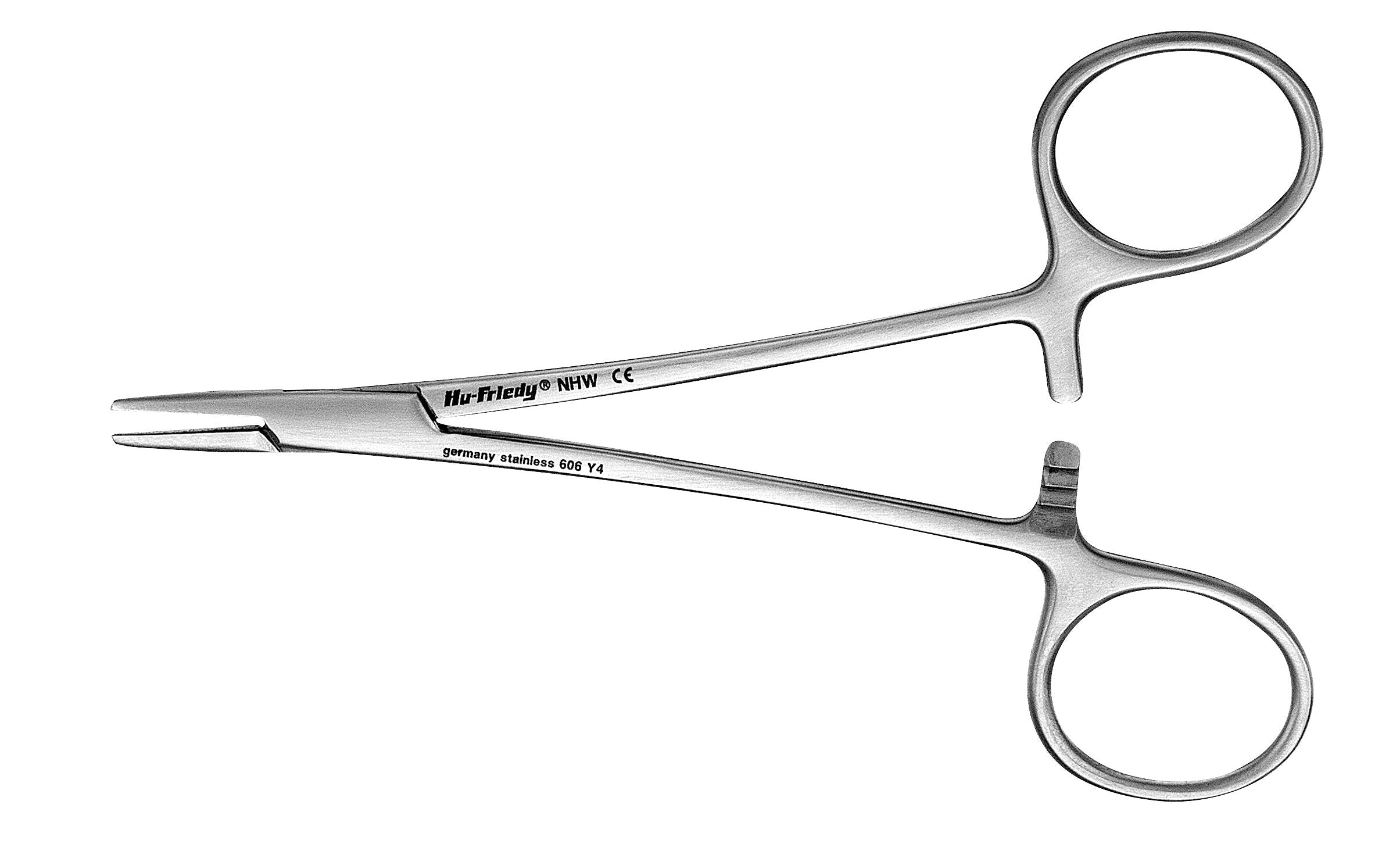 The Hu-Friedy General Needle Holders by Hu-Friedy are stainless steel instruments with two finger loops and a locking mechanism, ideal for clamping during surgery or as oral surgery tools for dental suturing.